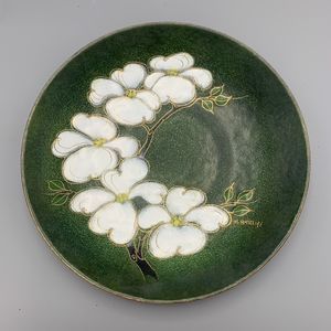 Vtg M Ratcliff Copper Enamel Dogwood Flowers Coffee Table Shallow Bowl Plate